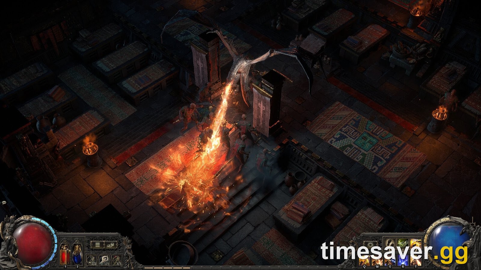 A juiced PoE2 map in full clear — packing maps with monsters is exactly what the exponential XP curve rewards