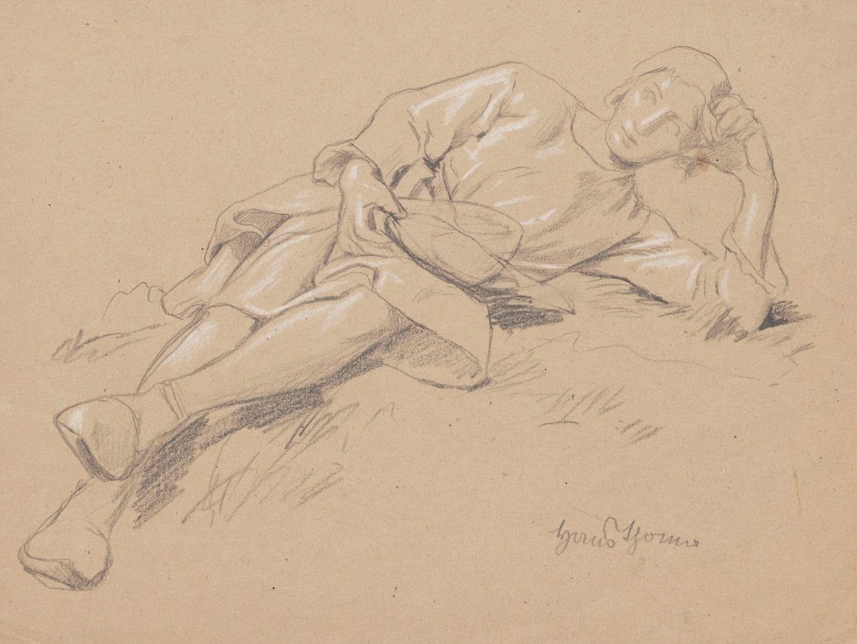 Study of the figure of a young man in a robe to his knees lying on his left side