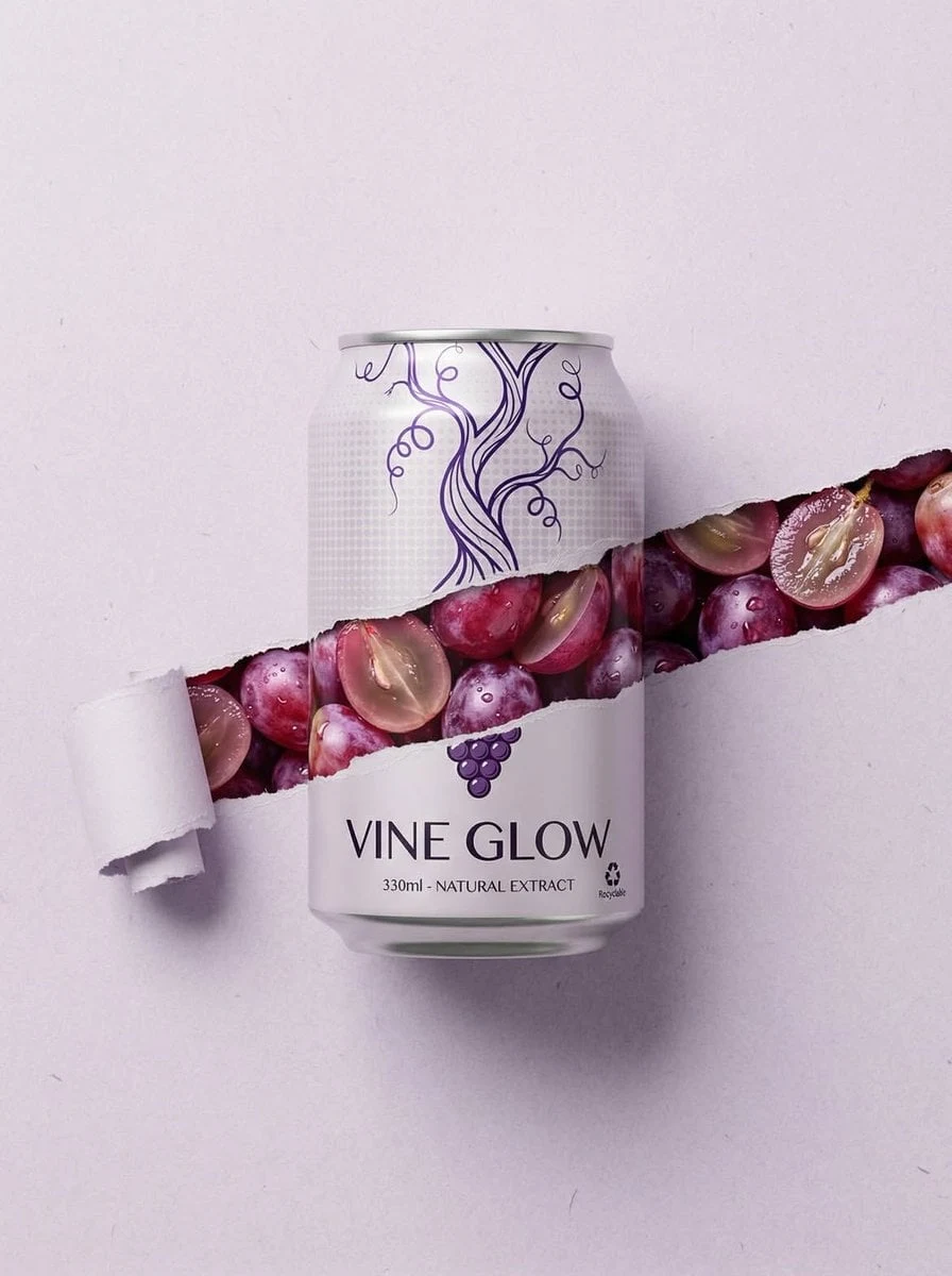 Lata de uva – “Vine Glow” Fotografía minimalista de un producto: una lata de aluminio de 330 ml etiquetada como “VINE GLOW – Natural...