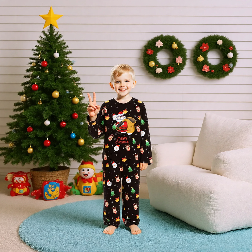 Weihnachts-Familien-Schlafanzug-Set, Langarm, Rundhalsausschnitt