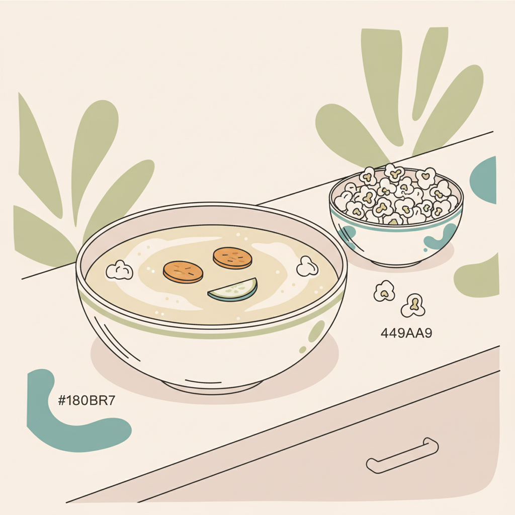 Nahaufnahme einer großen Gemüsesuppe mit einem Smiley aus Gemüsestücken und einer Schale luftgepopptem Popcorn auf minimaler Küchenoberfläche, sättigende Lebensmittel, warme Vegardians-Farben