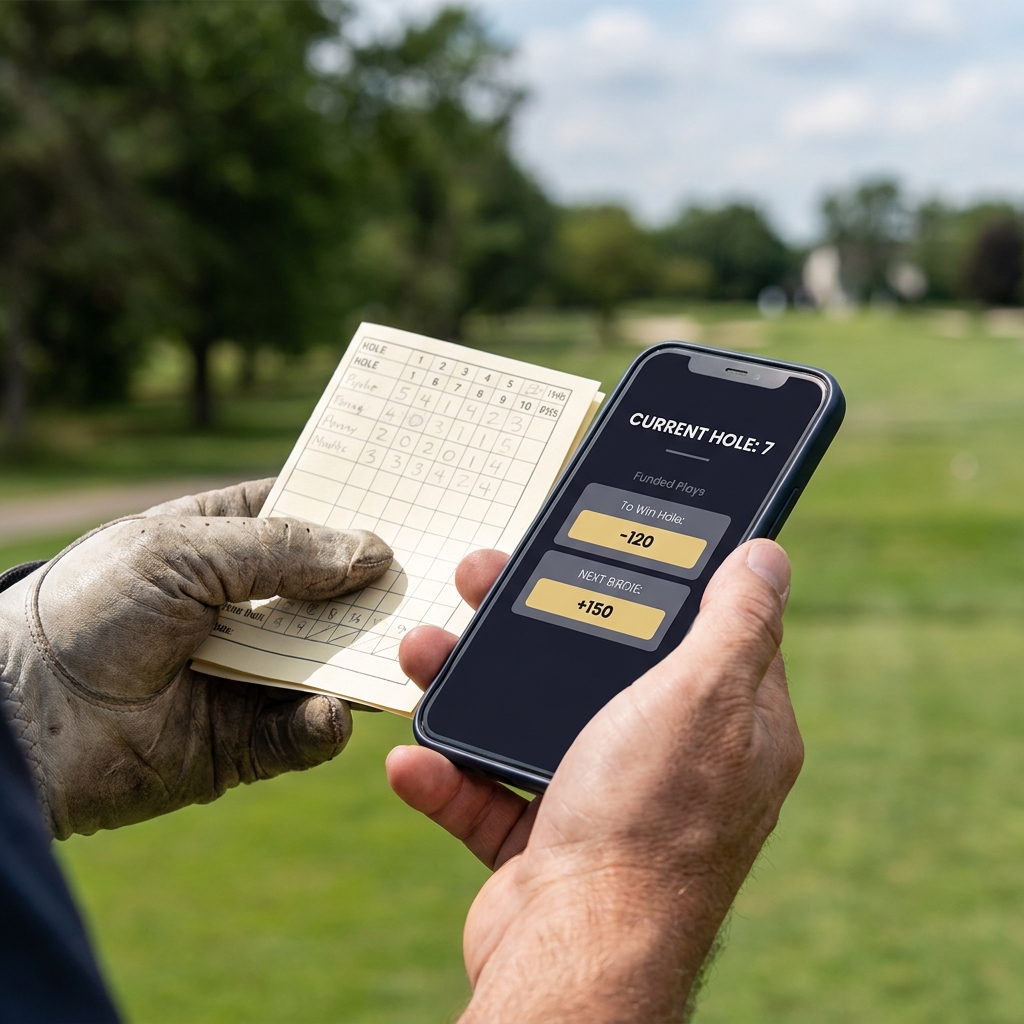 Close up of hands holding a golf scorecard and a phone showing a clean in play betting interface for live golf betting on a dark Funded Plays style background
