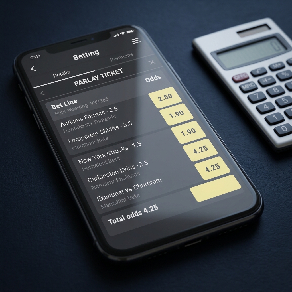 Close up mobile parlay ticket showing an 8 leg parlay with decimal odds highlighted and a calculator beside the phone on a dark minimalist Funded Plays style background