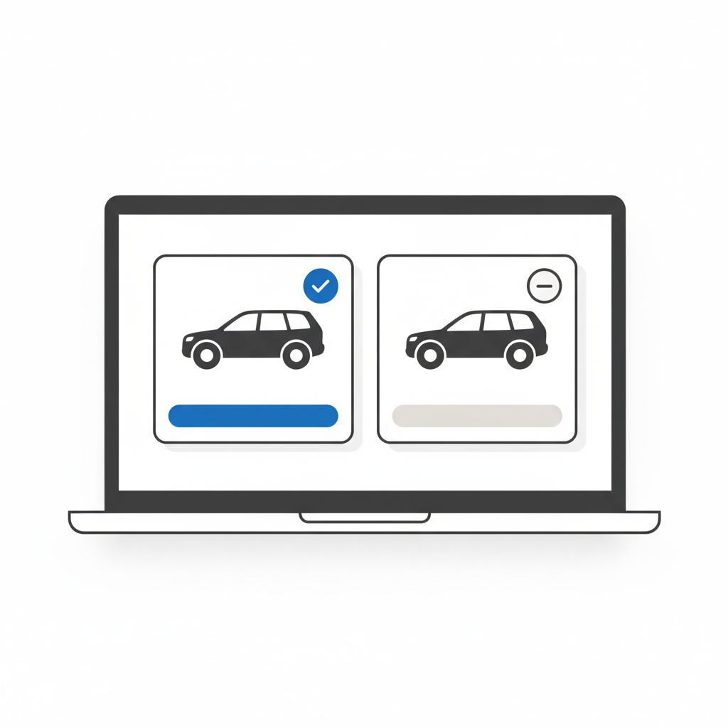 Minimalist 2D vector of a laptop showing two side by side XC90 listings comparing xc90 volvo price with blue branded accents and visual deal badges