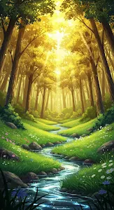 Vibrant Anime Style Forest Glade at Sunset