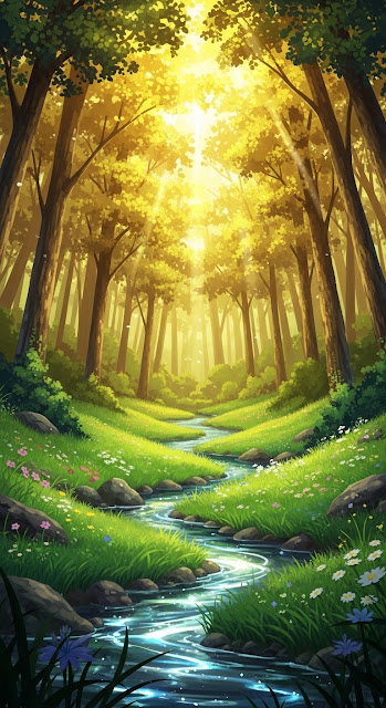 Vibrant Anime Style Forest Glade at Sunset - Free mobile Wallpaper
