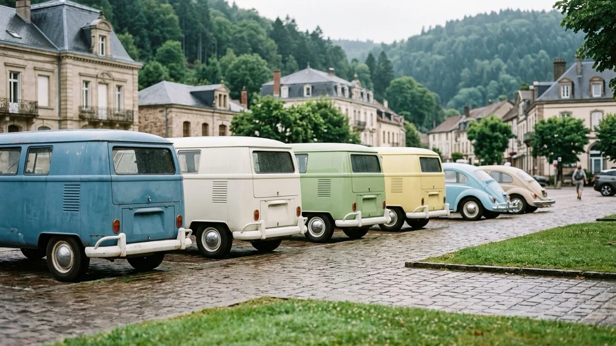 Minibus et voitures anciennes pastel alignés dans un village vosgien