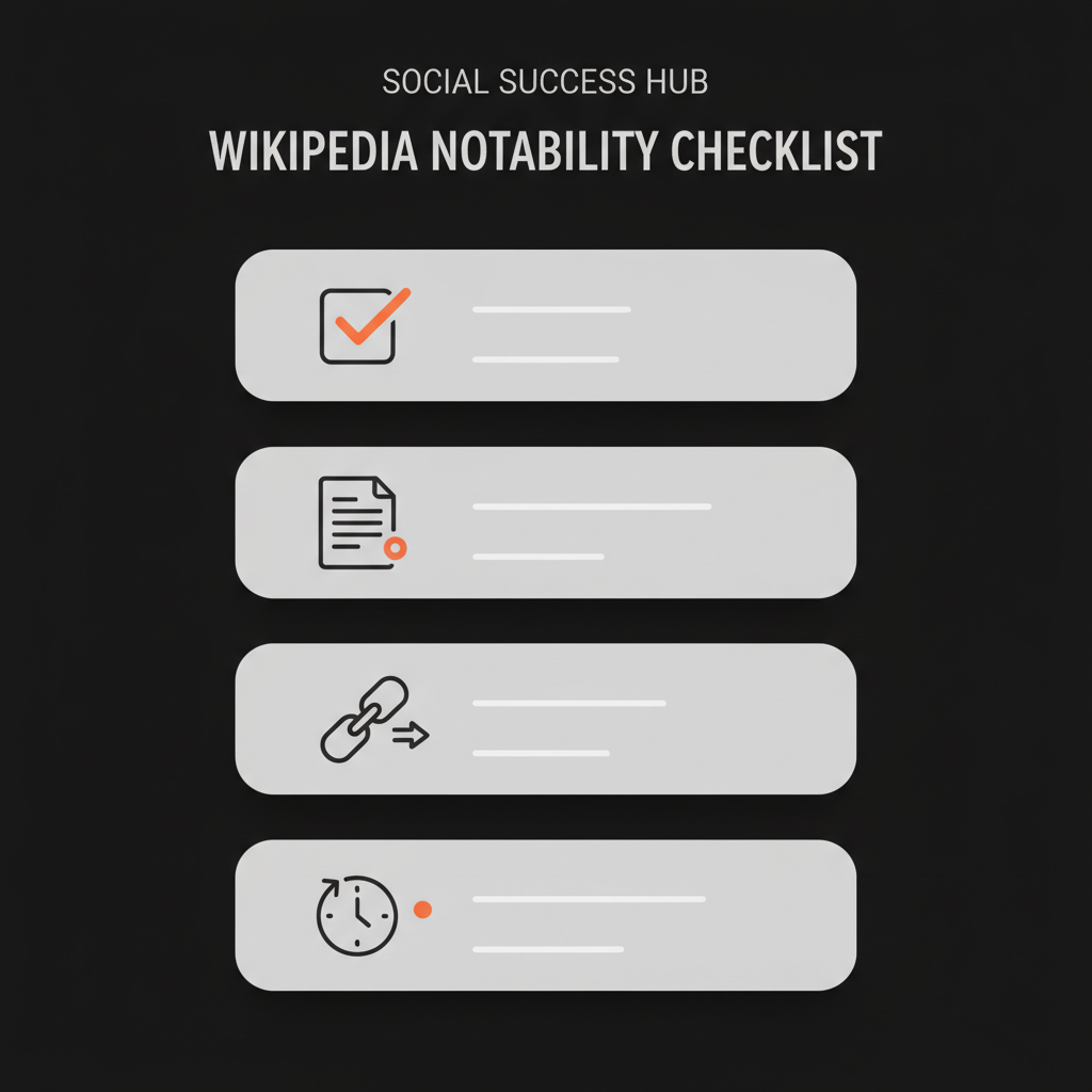 Minimal full-frame vector infographic showing notability checklist panels and icons for how to publish a Wikipedia page, black background, soft grey panels, light icons and small orange accents