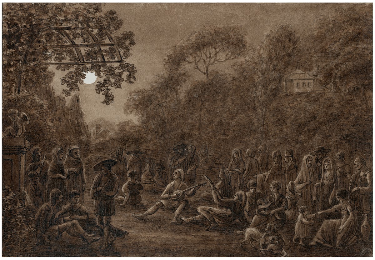 Gezelschap in park bij nacht met muzikanten