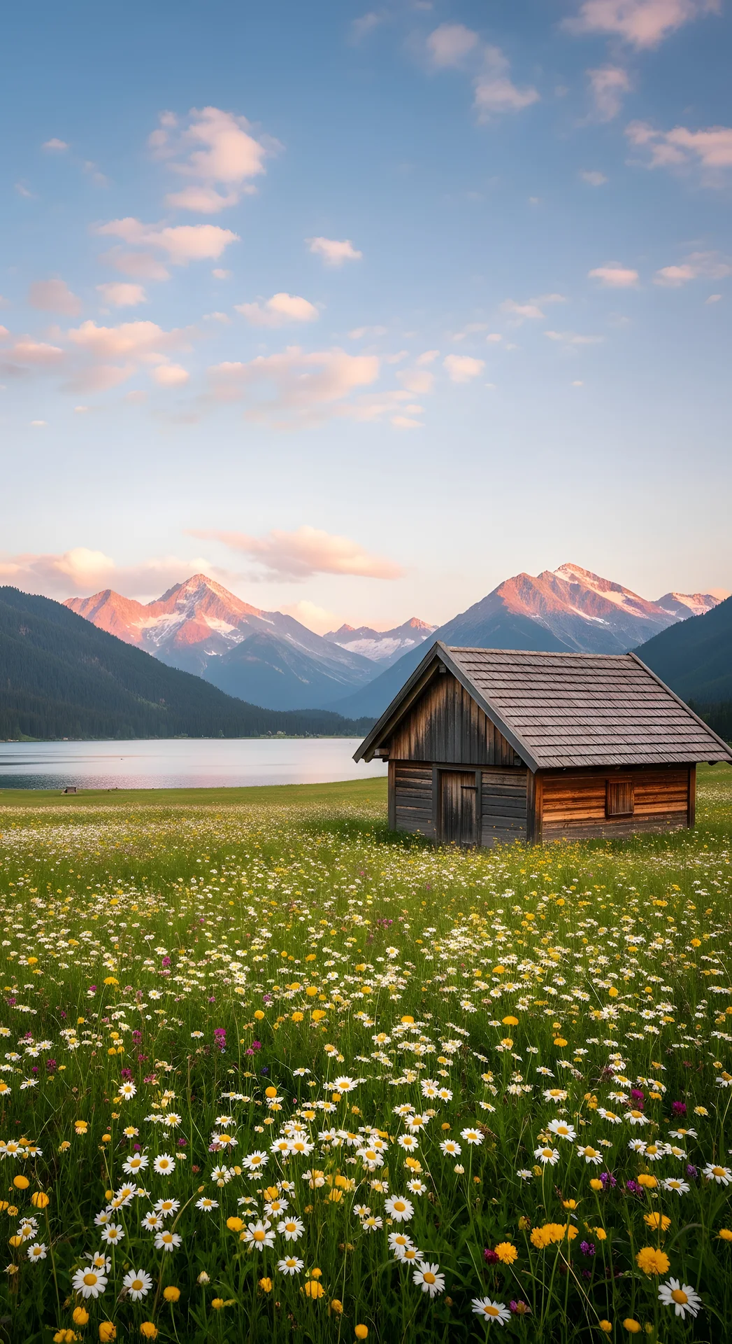 Alpine Meadow Cabin Sunset View Mountain Landscape Scenery - Free 4K mobile Wallpaper