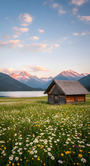 Alpine Meadow Cabin Sunset View Mountain Landscape Scenery - Free mobile Wallpaper