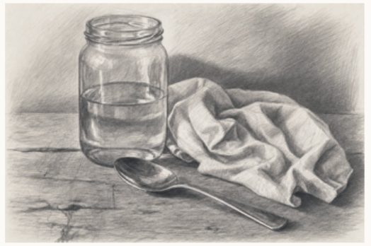 A graphite still life of a glass jar of water, crumpled cloth and a spoon on a wooden table