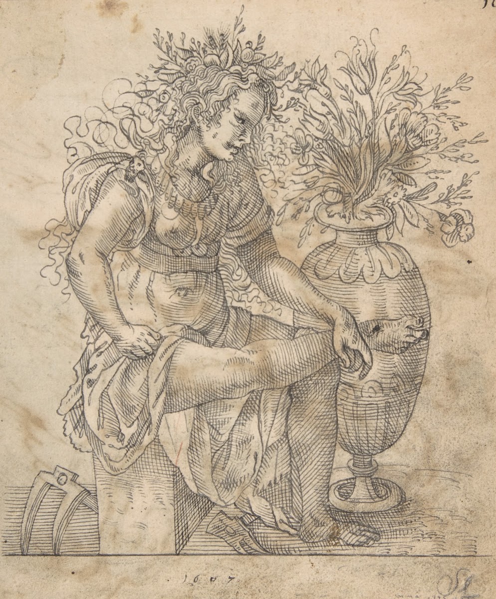 Flora Seated by a Vase with Two Harks on the Ground after Jost Amman 1607