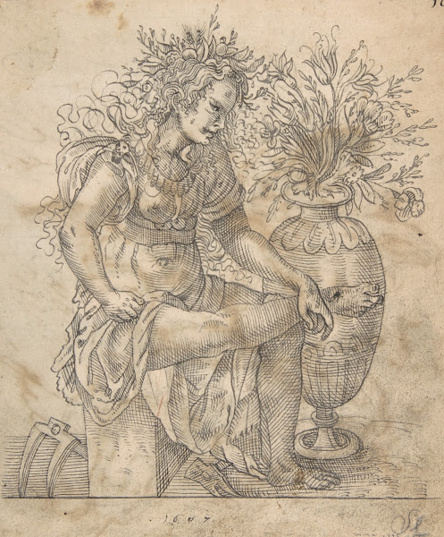 Flora Seated by a Vase with Two Harks on the Ground after Jost Amman 1607