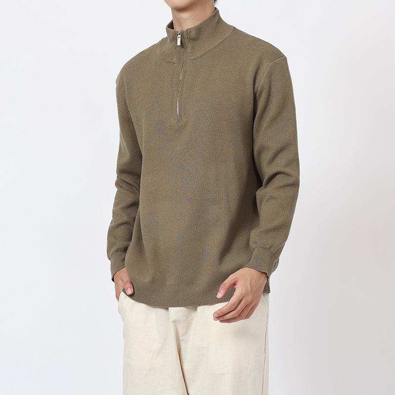 Men's Wool Sweater with Stand-up Collar and Zipper