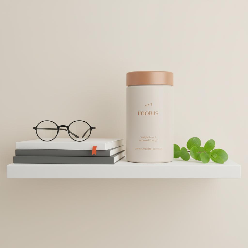 Close-up of Tonum Nouro bottle on white shelf with research journals, reading glasses and bacopa sprig, conveying research-backed daily ritual and most powerful cognitive enhancer.