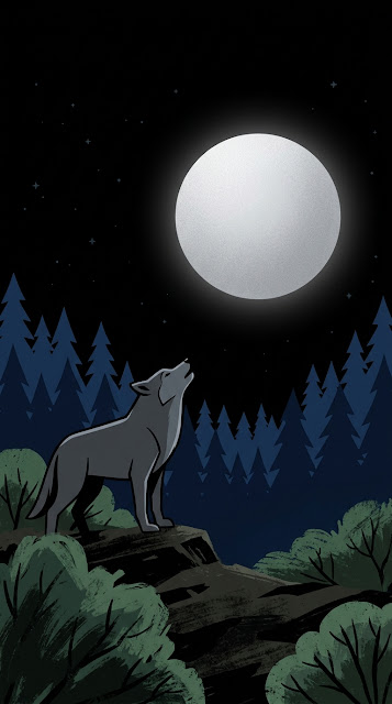 Modern Minimalist Wolf Gazing at Large Silver Moon in Pine Forest - Free mobile Wallpaper