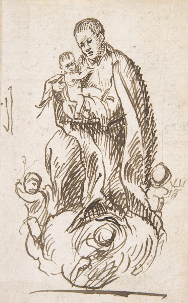 Male Saint standing on clouds supported by putti holding infant Christ ca 173133