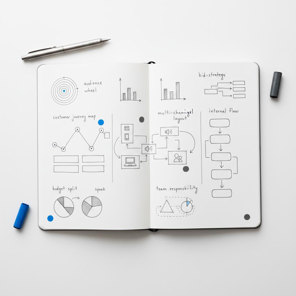 Top-down sketchbook with ad experiment diagrams: audience wheels, bid-strategy flow and hand-drawn bar chart, accented with #1a5bfb and #39383f markers; how much do Twitter ads cost
