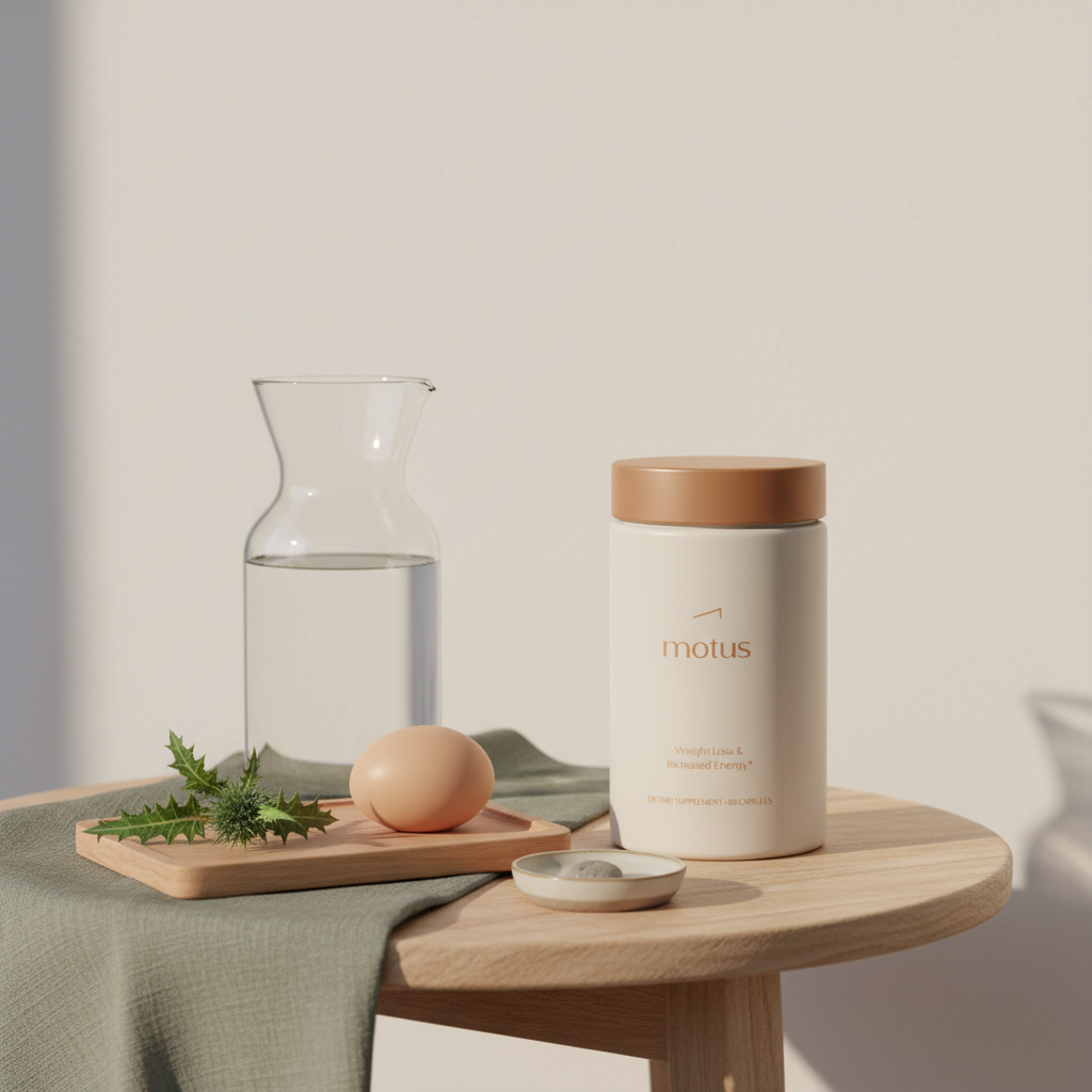 can men take weight loss pills: Motus supplement bottle on a wooden bedside table with a glass carafe and whole foods (egg, milk thistle), minimalist Tonum morning scene