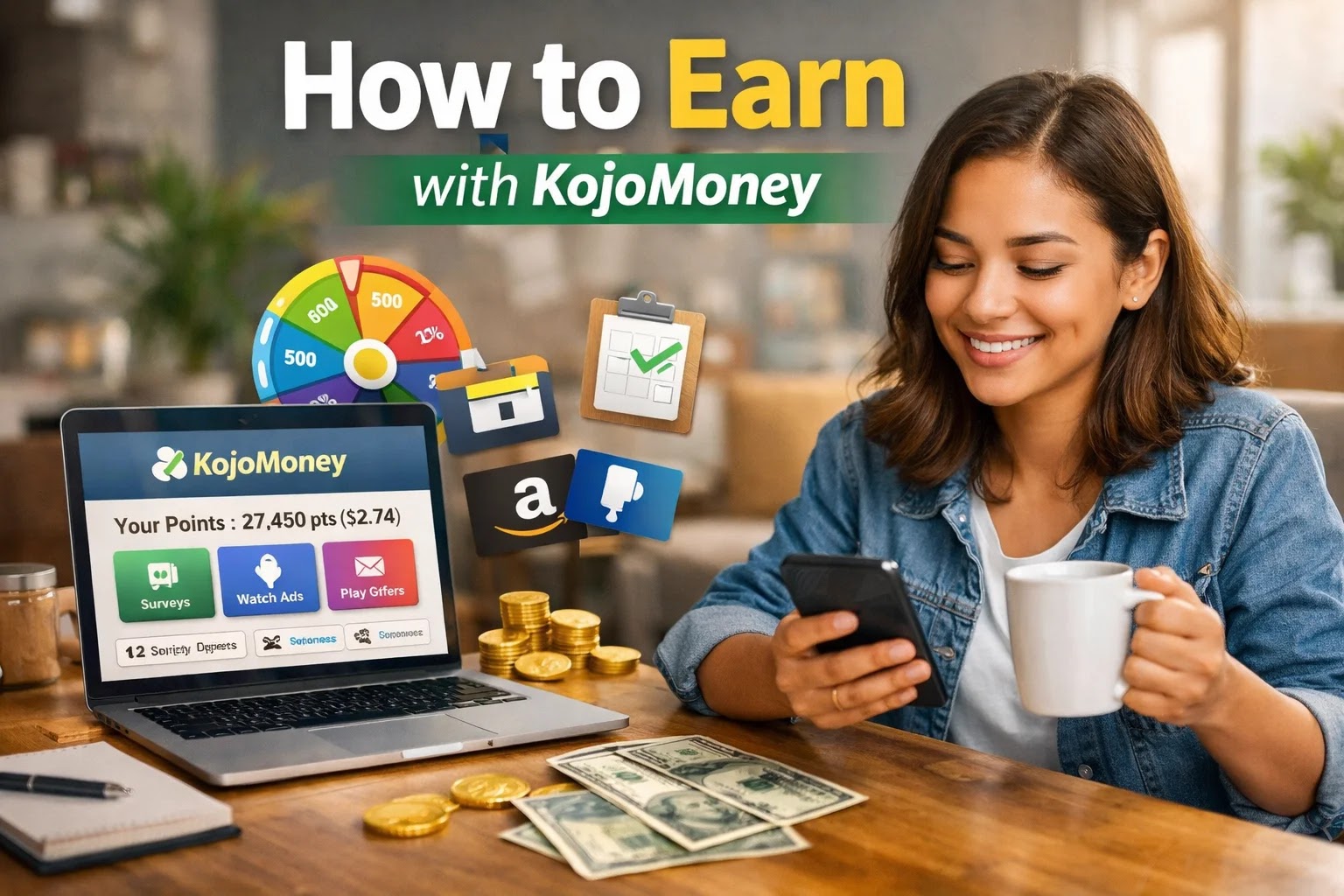 Person using KojoMoney on a laptop and smartphone to earn points from surveys, offers, and daily tasks, showing real online rewards in a casual home setting.