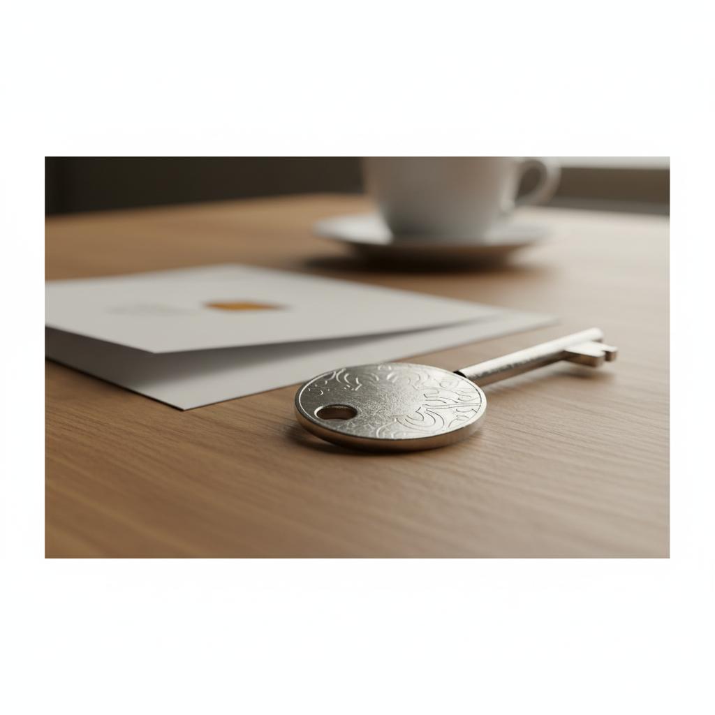 Nahaufnahme gravierter Metall-Schlüsselanhänger neben geöffneter Karte auf Holztisch, minimalistische 2D-Vektor-Grafik mit Farbakzenten #0044CC und #ff9800 — Was schenkt man jemandem, der nichts haben will?
