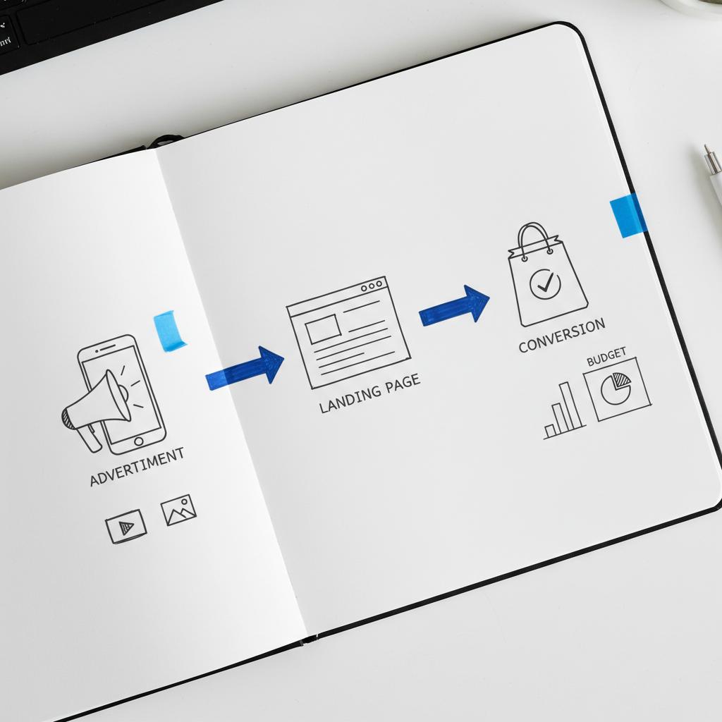 Top-down planner page with hand-sketched paid-social workflow, icons for ad, landing page, conversion and a budget sidebar, minimalist layout &mdash; advertising on X