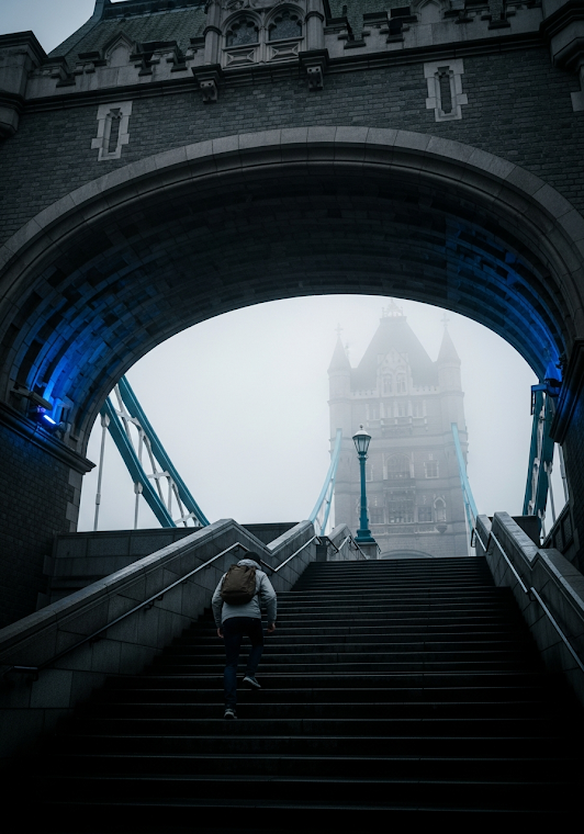 Man Climbing Tower Bridge Stairs