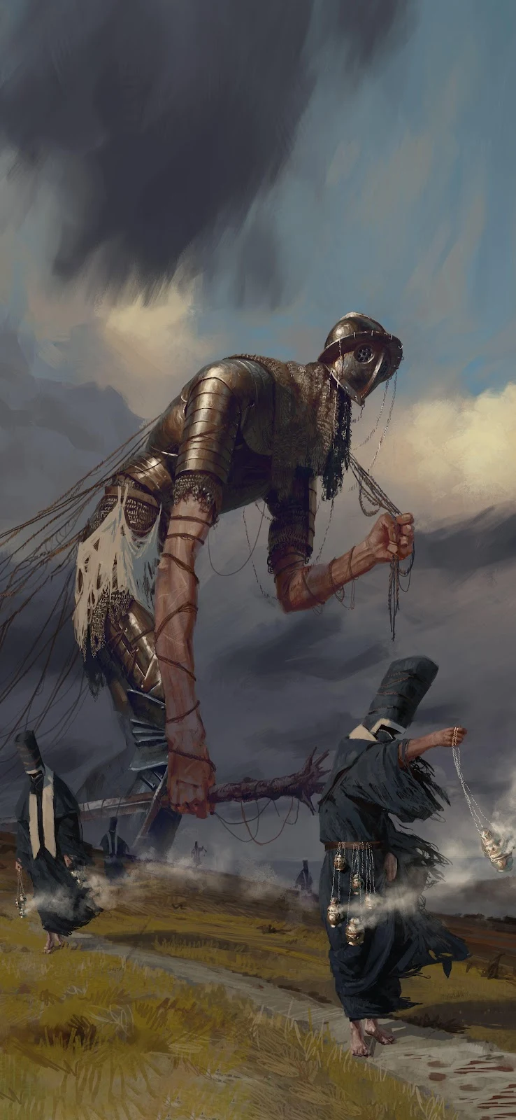 Giant Armored Colossus And Priests - Dark Fantasy Art 4K iPhone Wallpaper (2301x4986)