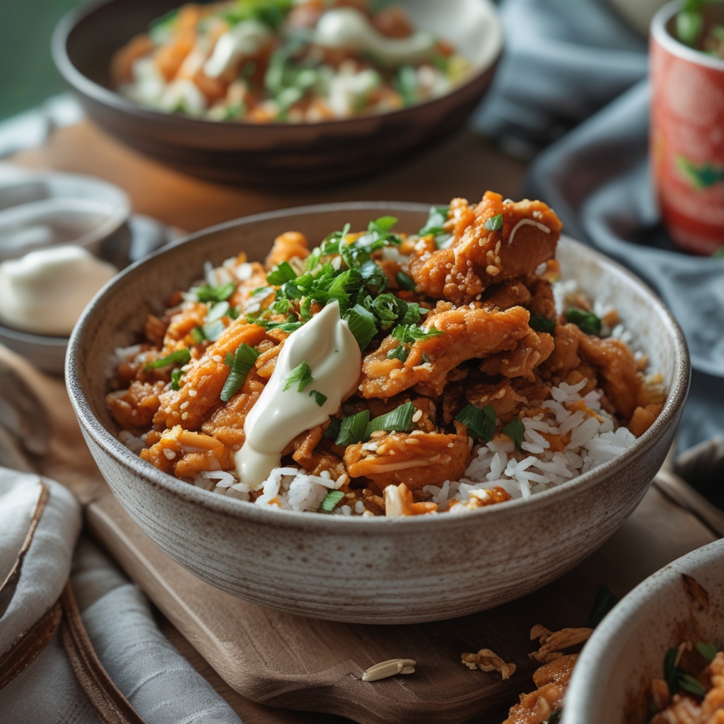 Sticky chicken rice bowls with spicy mayo - Easy Homemade Flavorful Dinner finished