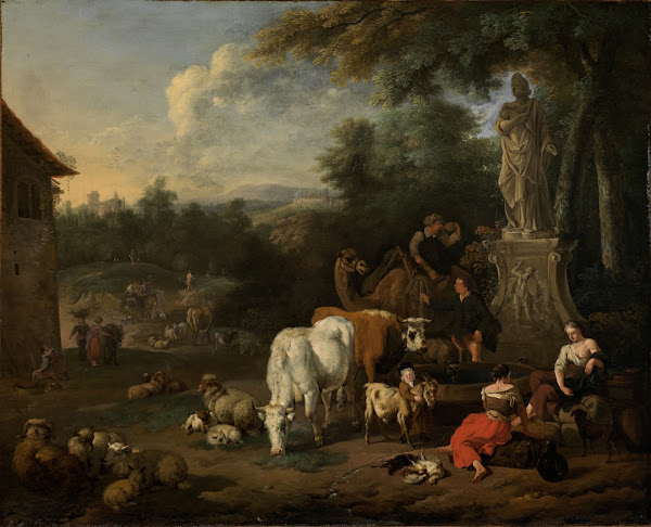 Resting shepherds with their flock and travelers at a well 1700