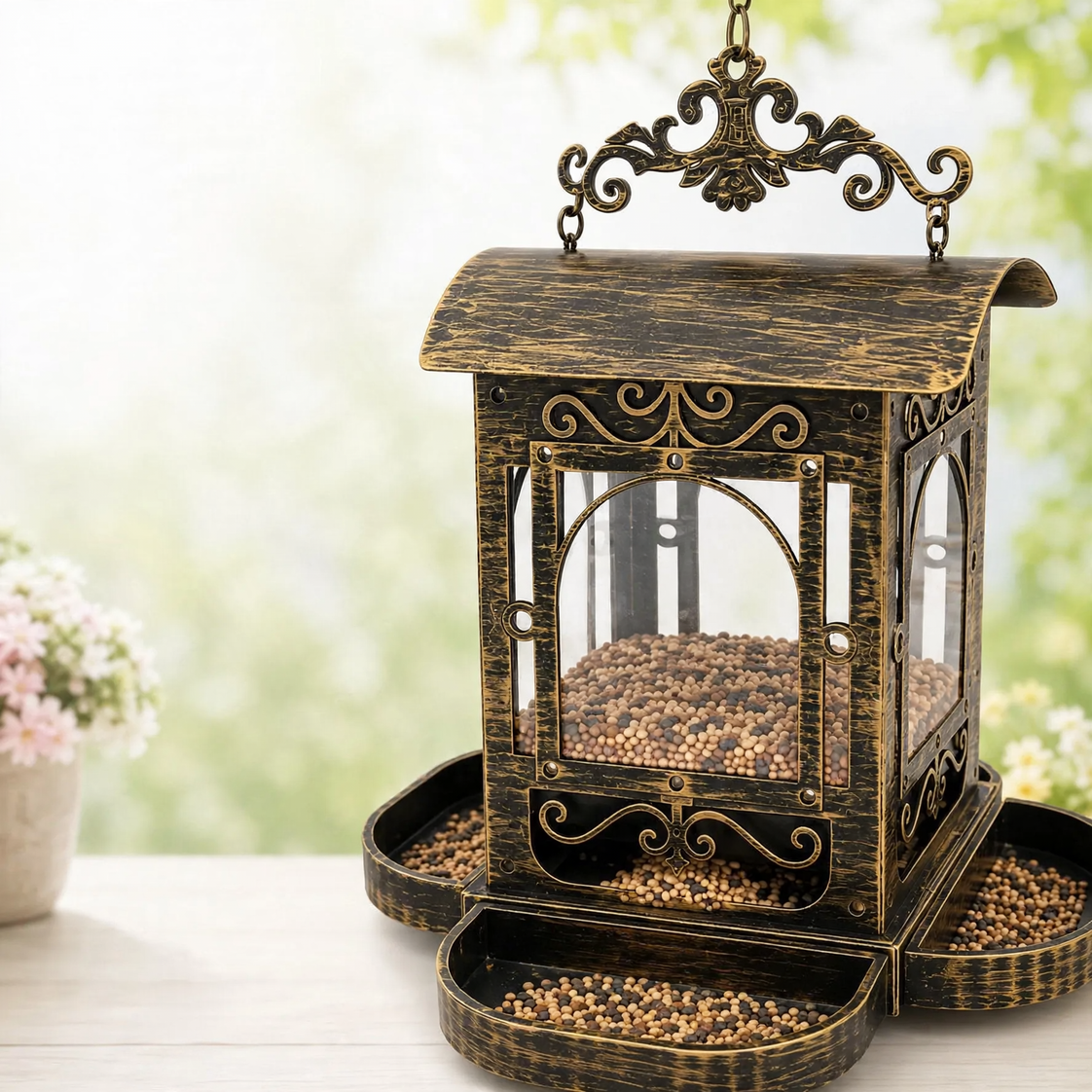 Bird feeder station in pavilion design made of iron