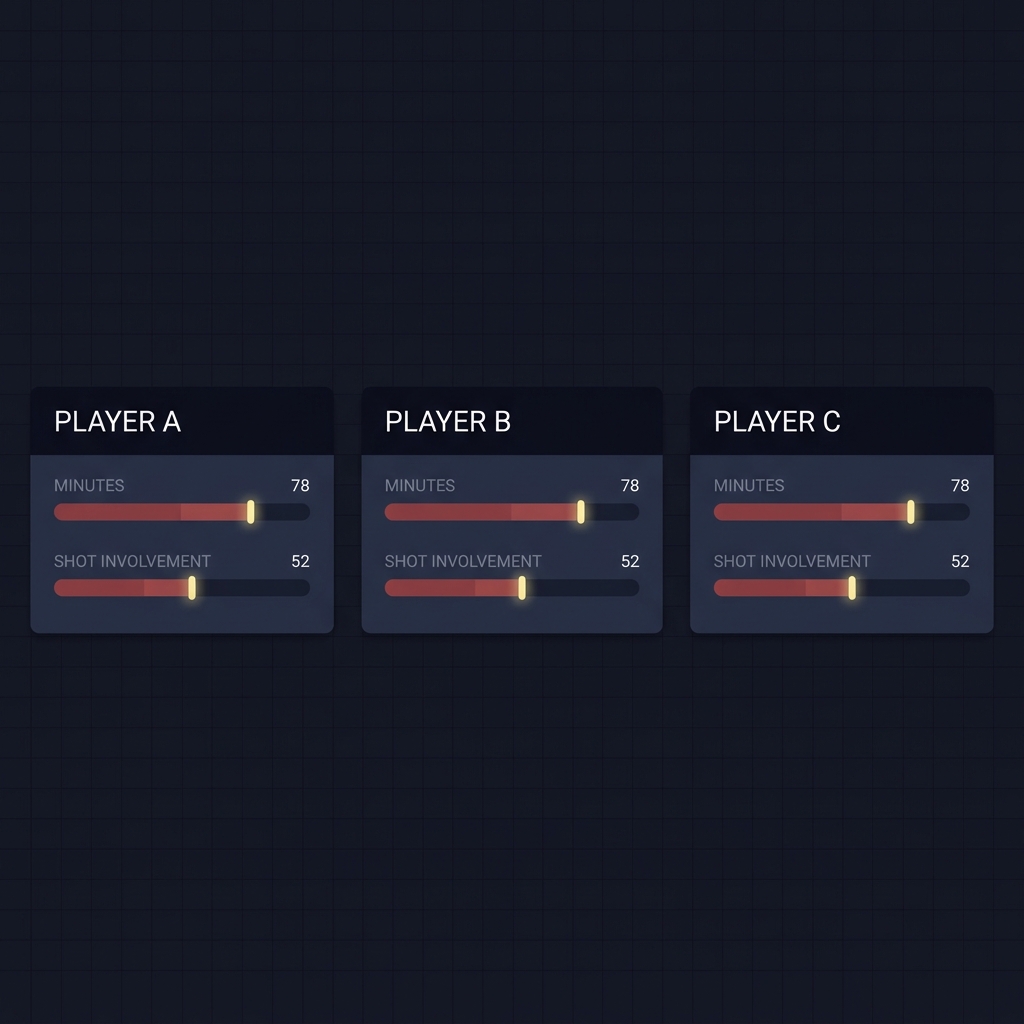 Close up minimalist digital dashboard showing three player stat cards with minutes and shot involvement bars in muted red tones and Funded Plays brand colors benfica prediction