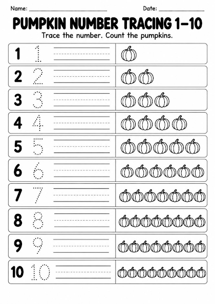 Pumpkin Number Tracing 1 to 10 Worksheet