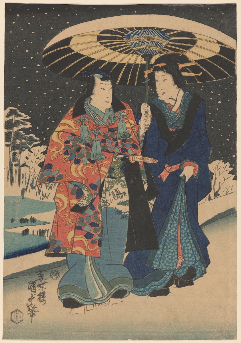 Snow Scene Woman in Blue Man in Red and Blue Under Black and White Umbrella 19th