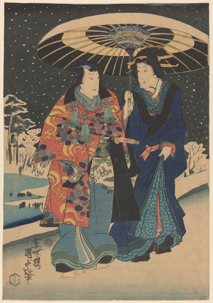Snow Scene Woman in Blue Man in Red and Blue Under Black and White Umbrella 19th
