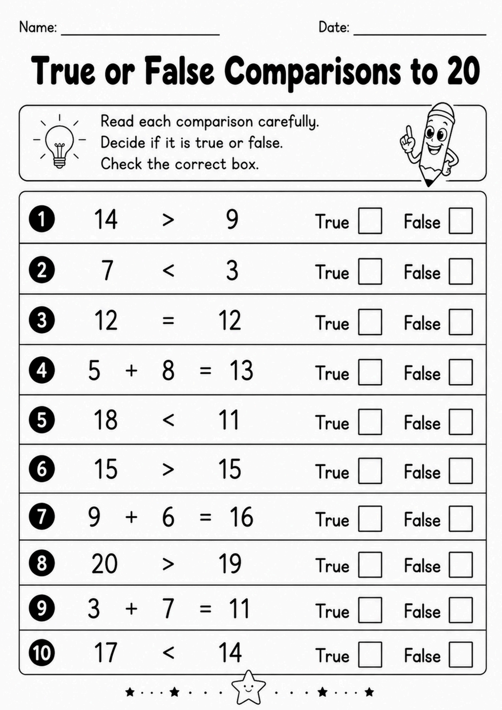 True or False Comparisons to 20 Worksheet