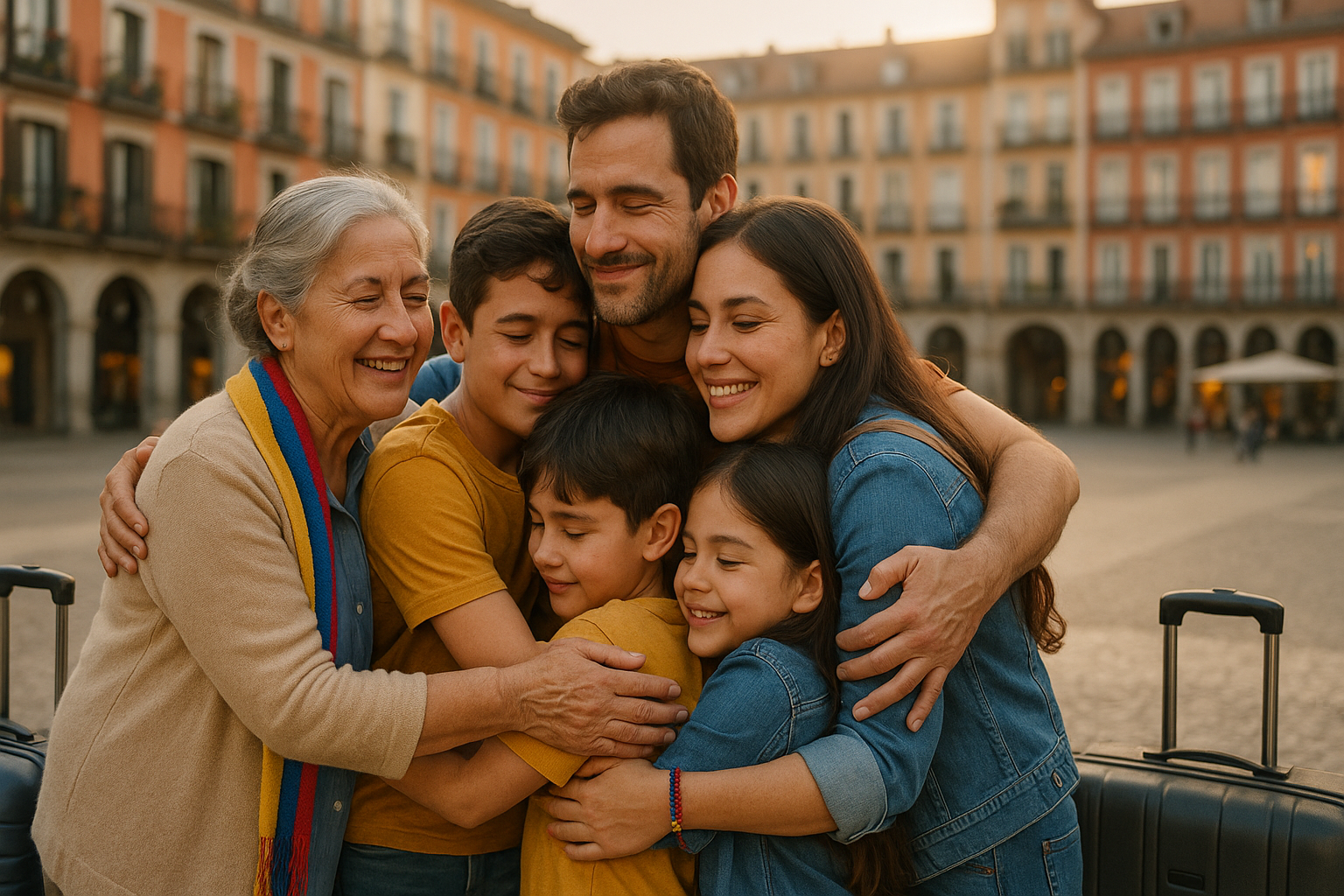 Familia venezolana multigeneracional abrazándose con maletas en una plaza europea al atardecer