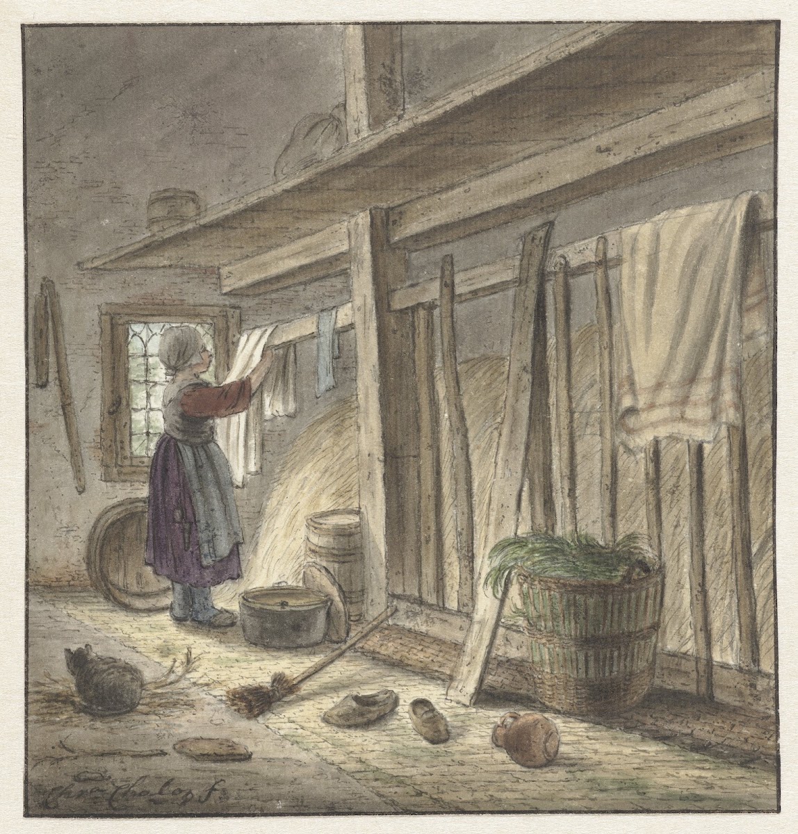 Hoekje van een stal met een meisje dat een doek ophangt 1772