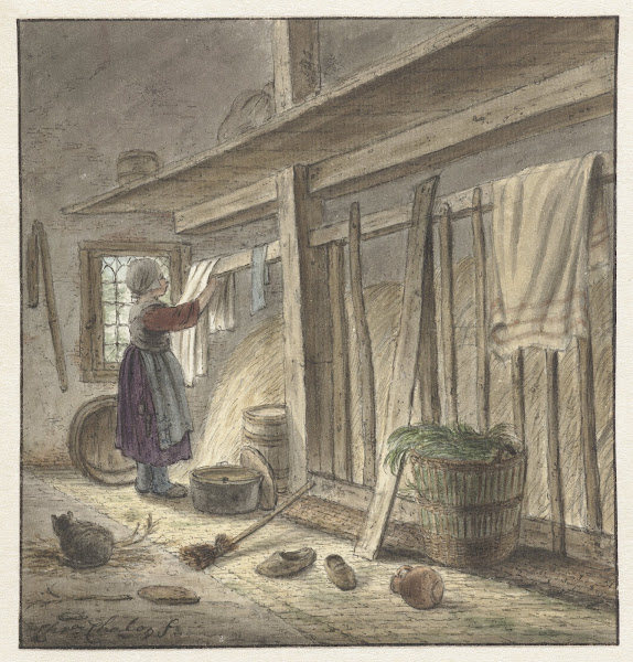 Hoekje van een stal met een meisje dat een doek ophangt 1772