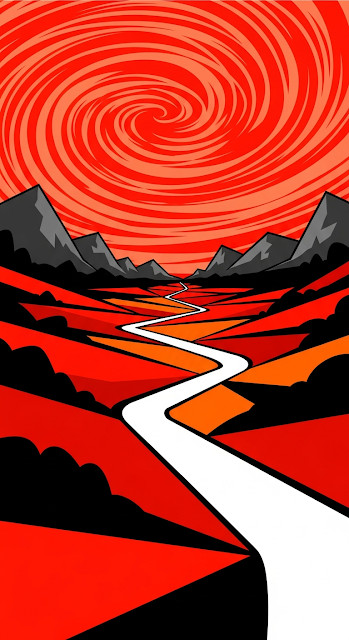 Abstract Expressionist Landscape of a Winding White River Through a Red and Orange Valley - Free mobile Wallpaper