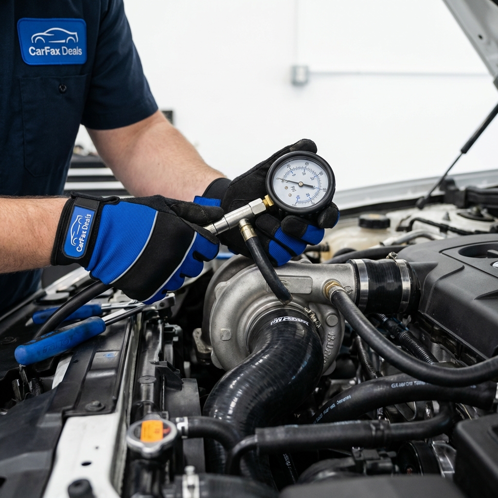 Close up of a mechanic performing a turbo pressure test on a Subaru WRX engine bay focusing on turbocharger and hoses subaru wrx for sale