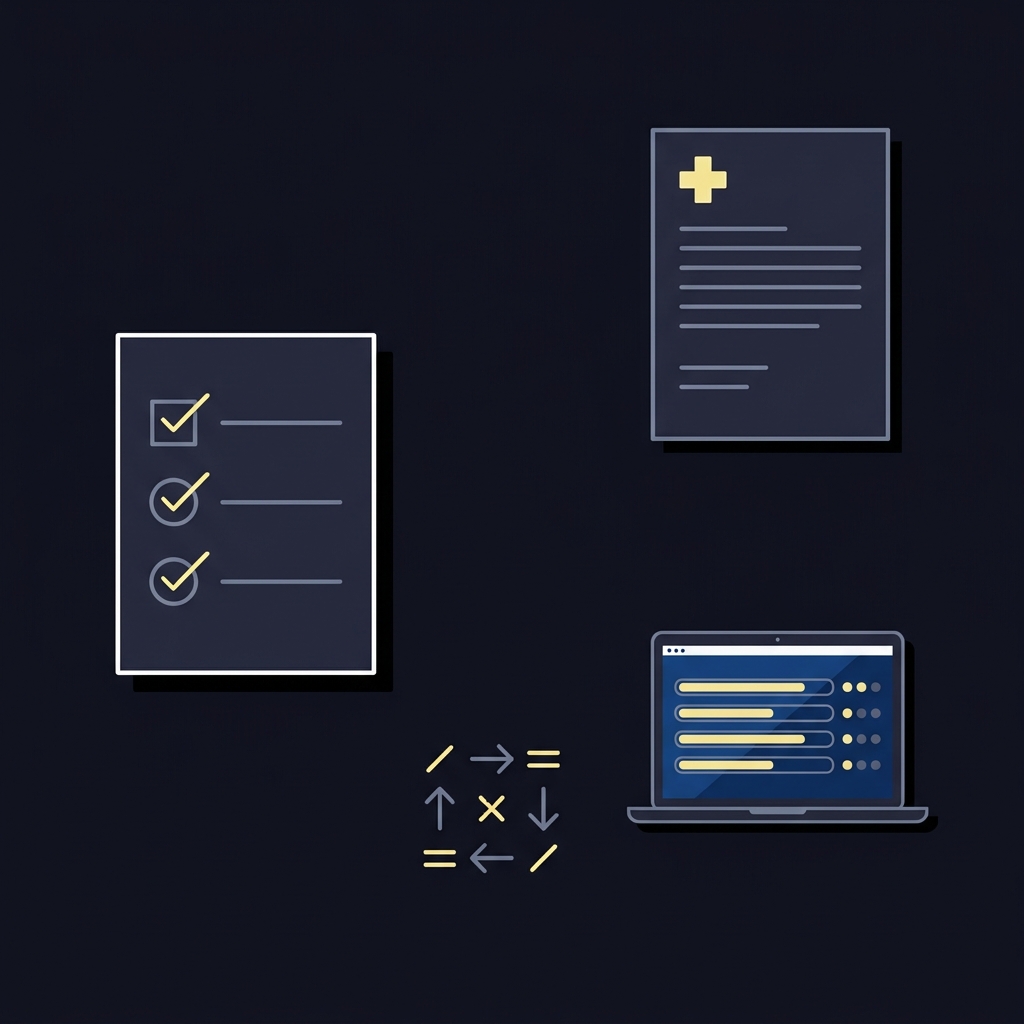 Minimalist 2D vector desk scene with checklist, injury report printout, and laptop showing team ratings designed for warriors odds content