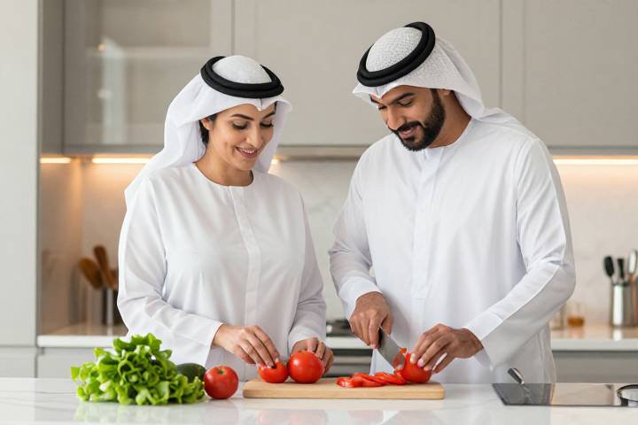 زوجان عربيان يجهزان طعامًا صحيًا طازجًا في المطبخ