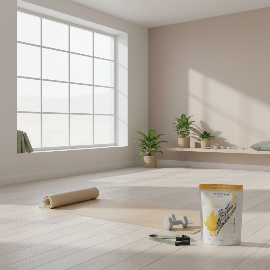 Minimalistische Heimtrainingsszene ohne Personen mit Yogamatte, Hanteln, Pflanzen und Vegardians-Produkt auf hellem Holzboden im skandinavischen Stil – Shred-Diät