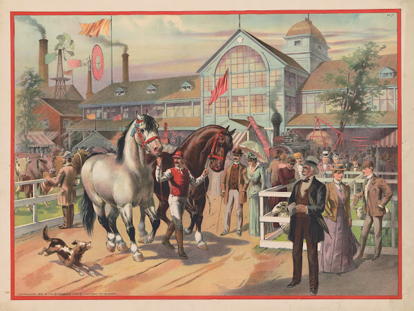 Horses and jockeys at the fair with building in the background 1891