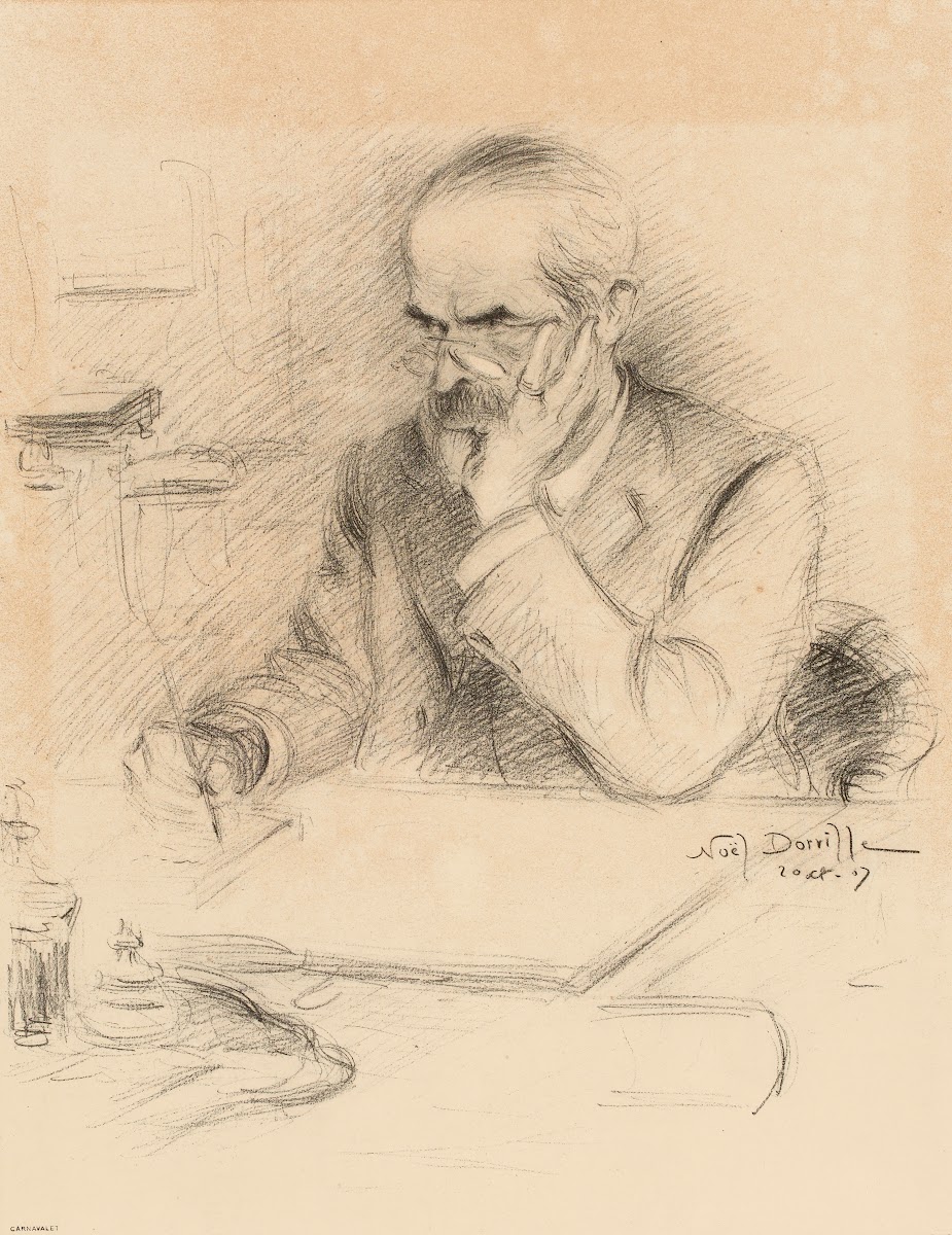 Inconnu écrivain accoudé à son bureau 1907