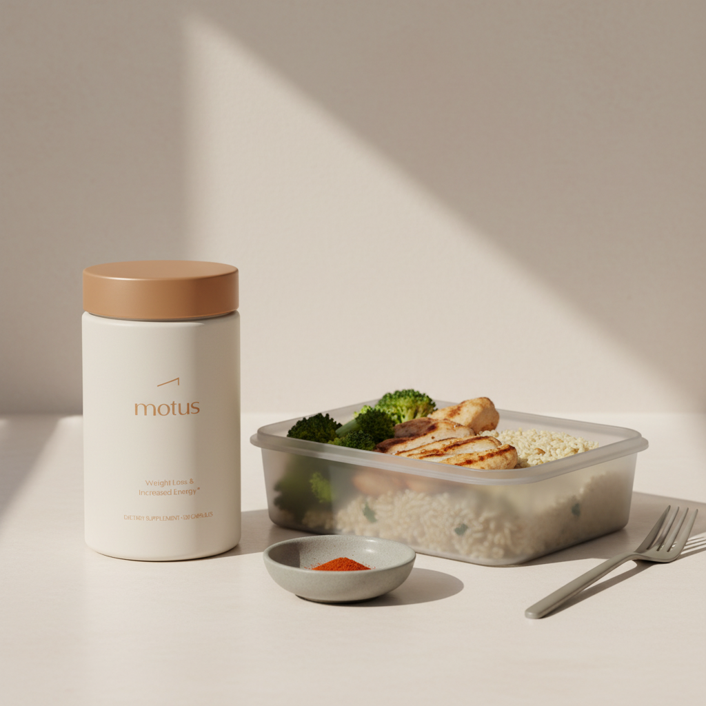 Close-up of Tonum Motus supplement jar beside a prepared healthy meal box on a minimalist counter, illustrating Metabolic Meals cost and weight-loss nutrition.