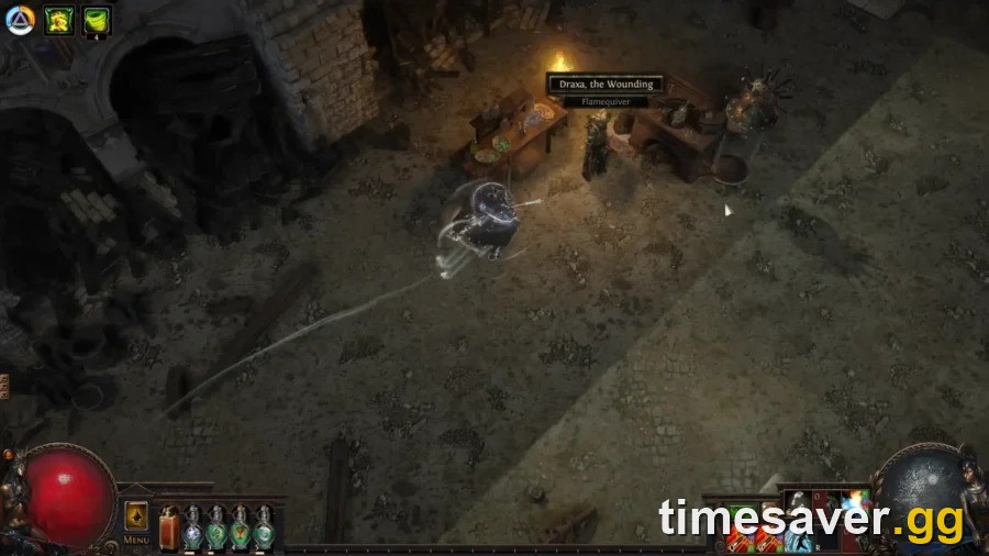 PoE Mercenary of Trarthus encounter in a map — a veteran mercenary you can challenge to a duel and hire, where you first size up its skills