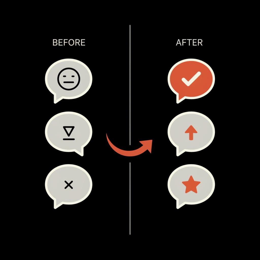 Minimal 2D vector infographic showing left-side negative comments transformed into right-side positive outcomes after response using Social Success Hub brand colors, highlighting bad review recovery.